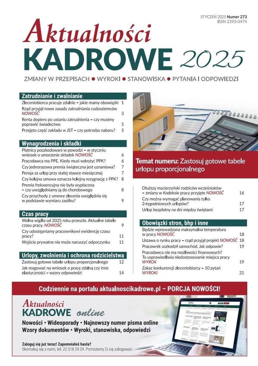 Aktualności Kadrowe 2025. Numer 273. Zastosuj gotowe tabele urlopu proporcjonalnego okładka