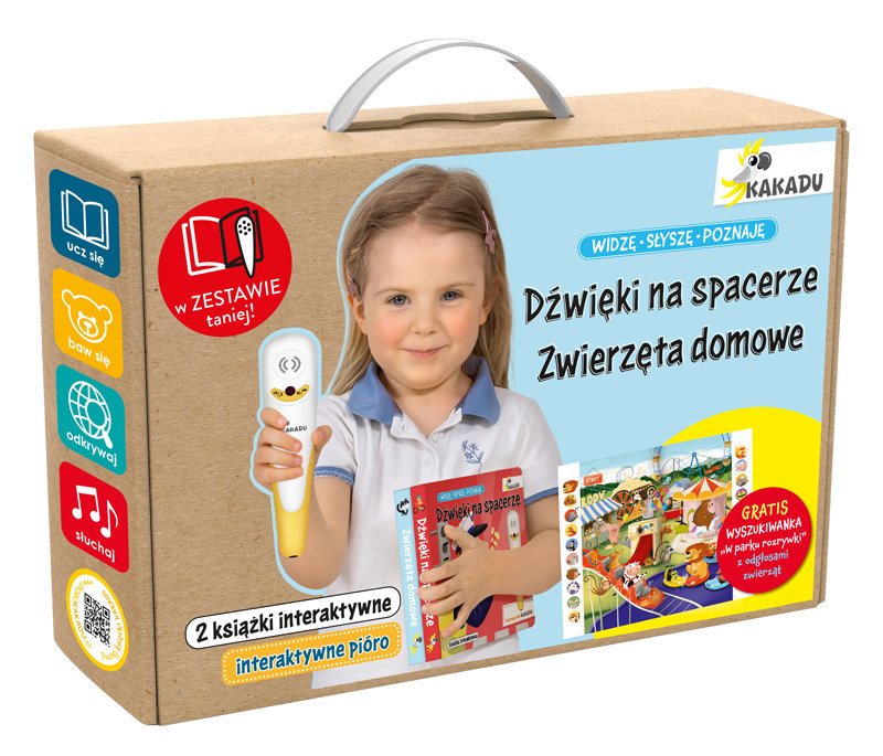 Dźwięki na spacerze i zwierzęta domowe. Mówiąca książka interaktywna. Widzę, słyszę, poznaję + zestaw z piórem Kakadu okładka
