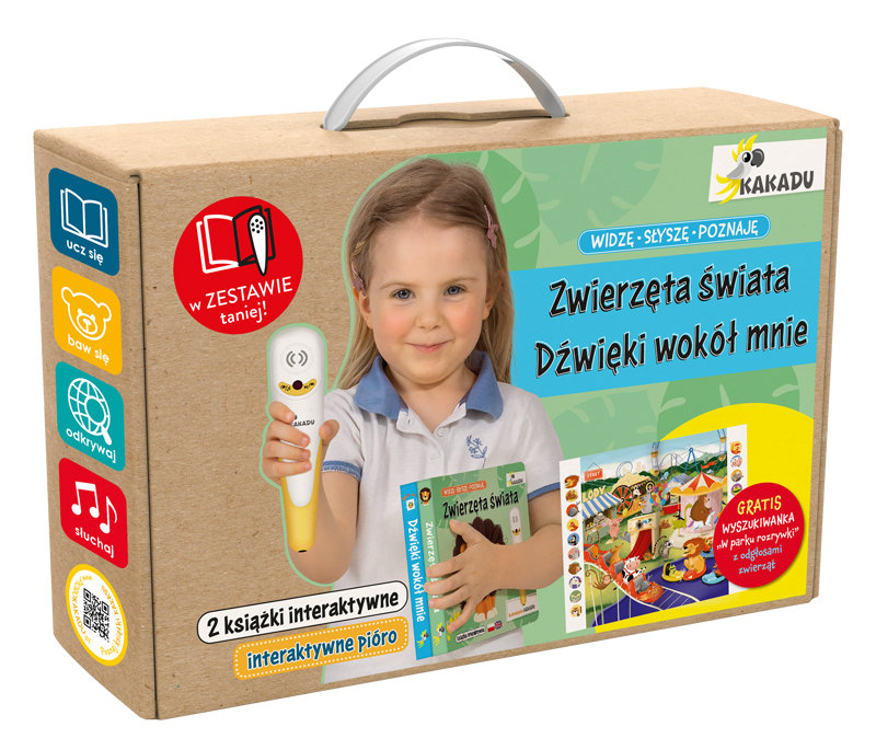 Dźwięki wokół mnie i Zwierzęta świata. Mówiąca książka interaktywna. Widzę, słyszę, poznaję +zestaw z piórem Kakadu okładka