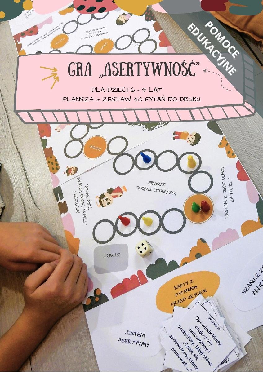 Gra planszowa "Asertywność" dla dzieci 6-9 lat (do druku). Pomoc edukacyjna okładka