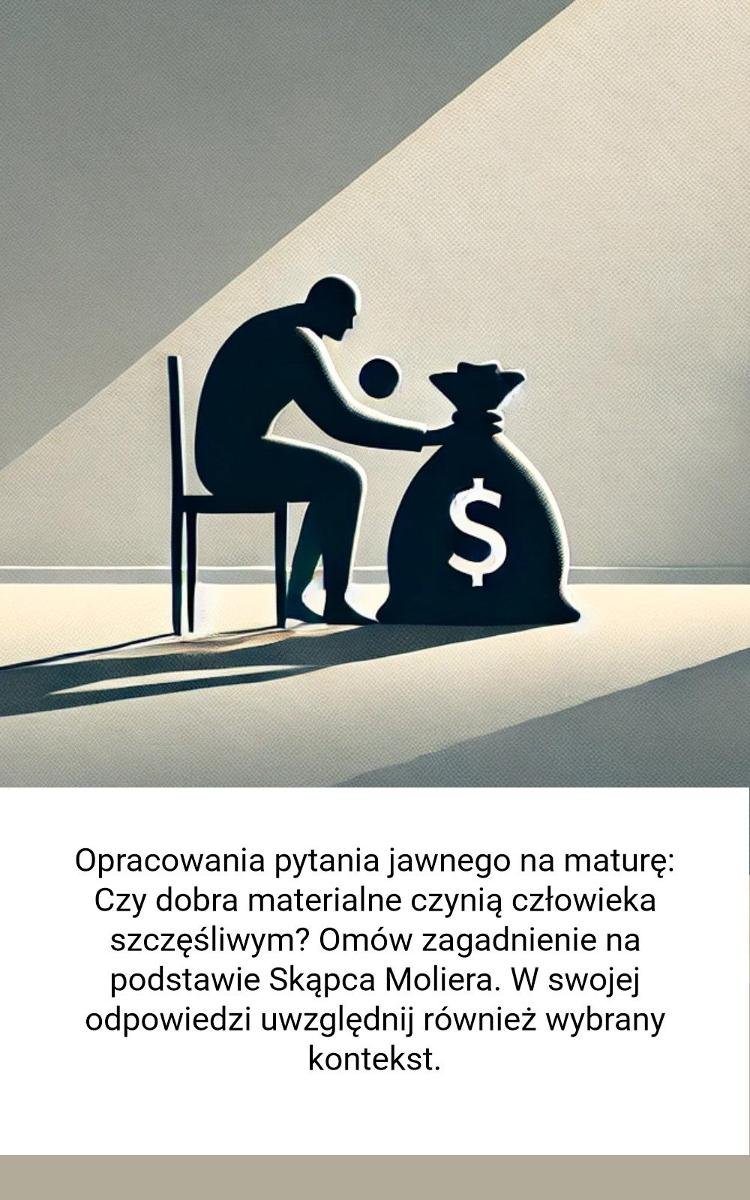 Opracowania pytania jawnego na maturę: Czy dobra materialne czynią człowieka szczęśliwym? Omów zagadnienie na podstawie Skąpca Moliera - ebook MOBI okładka