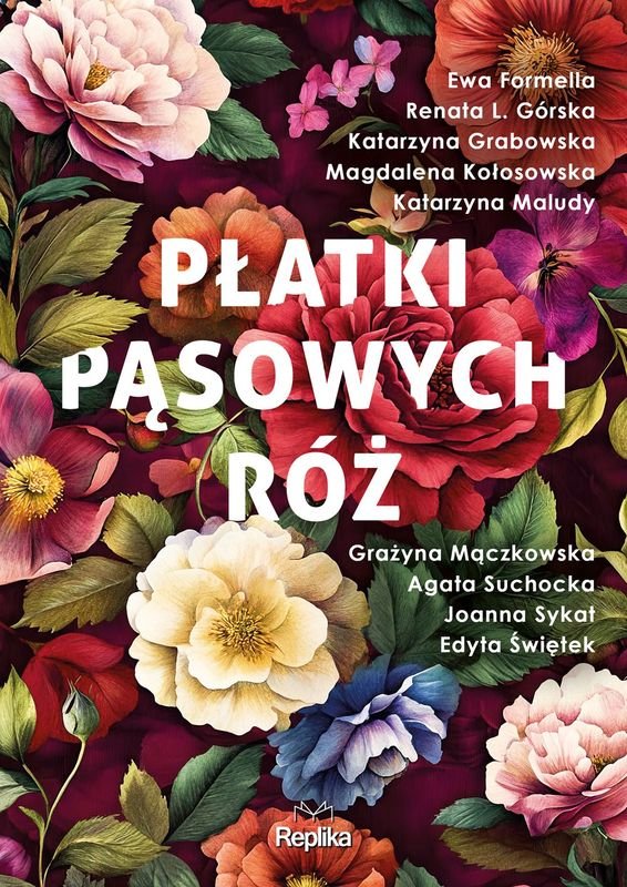 Płatki pąsowych róż okładka