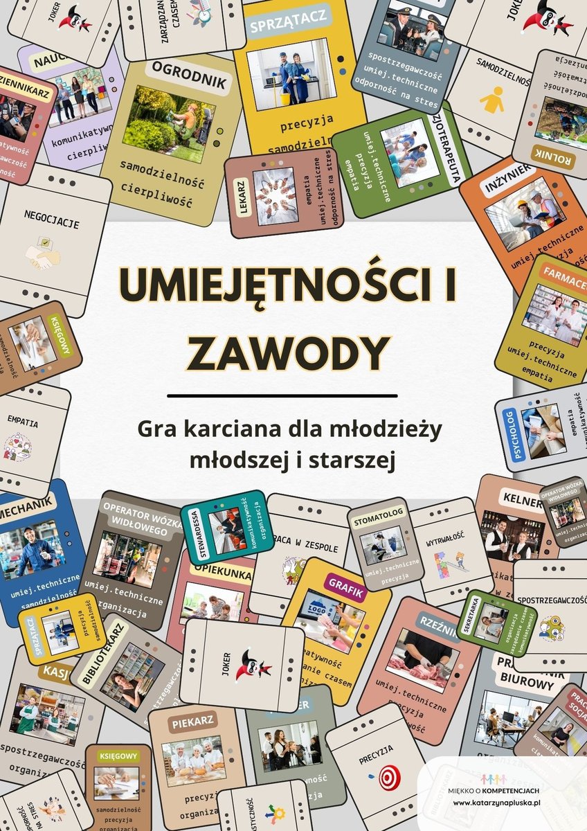 Umiejętności i zawody. Gra karciana dla młodzieży młodszej i starszej. Pomoc edukacyjna do druku okładka